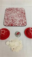 Enamel tray with tea cup and saucer sets doilies