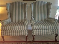GREEN STRIPE QUEEN ANNE STYLE WING BACK CHAIRS X2