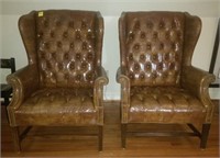 LEATHER WING BACK TUFTED CHAIR X2