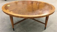 LANE WALNUT ROUND TOP BANDED  INLAID COFFEE TABLE