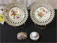 PAIR OF DRESDEN SMALL FLORAL PLATES WITH STANDS,