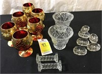 6  RUBY MOSER GLASS BRANDIES WITH HEAVY GOLD TRIM