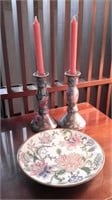 Painted Porcelain  Candlesticks & Plate