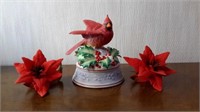 Porcelain Cardinal Music Box & Poinsettia Blooms