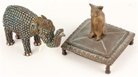 BRASS ELEPHANT FIGURINE & CAT MOTIF BOX