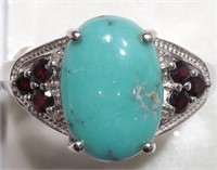 32M-sterling turquoise, garnet & diamond ring