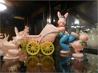 plastic Easter Bunny w carriage, 2 candy cont.