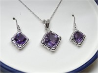 Silver Amethyst Purple Pendant Necklace w/