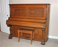 Quarter Sawn Oak and Carved Upright Piano