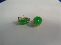 Pair of 14 Kt Yellow Gold Earrings with Oval Jade