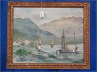 Asian Waterfront, Oil on Canvas Signed