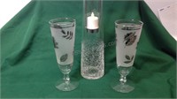 2 etched beer glasses & glass candle/votive