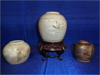 3 Asian Jars - one with Wood Stand