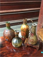 4 PRIMITIVE HAND CARVED WOOD AND COPPER VASES