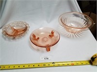 3 Pc Pink Glass Candy/Seriving Dishes