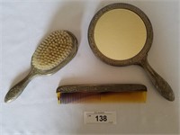 Vintage Pewter Comb, Mirror, Brush Set