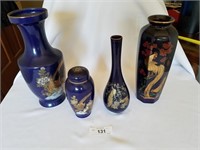 4 Cobalt Blue Japanese Pottery with Peacock Art