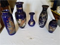 5 Cobalt Blue Japanese Pottery with Peacock Art