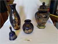 4 Cobalt Blue Japanese Pottery with Peacock Art