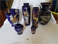 6 Cobalt Blue Japanese Pottery with Peacock Art