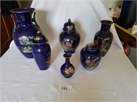 6 Cobalt Blue Japanese Pottery with Peacock Art