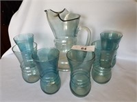 7 Pc Blue Glass Pitcher & Glass Set