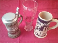 2 German Beer Steins & Beer Glass