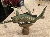Large metal fish w/ wood base