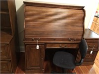 Roll top walnut stained desk w/chair