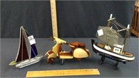 3 DECORATIVE ITEMS,CARVED WOOD MOTOR SCOOTER,
