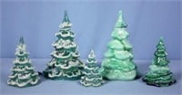Five Fenton Green Glass Christmas Trees