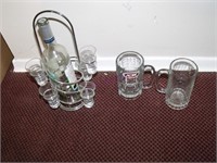 2 Mugs and Bottle  Holder with shot Glasses