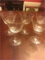 Lot of 5 etched crystal champagne glasses