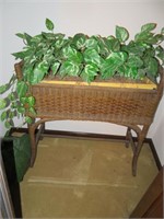 Vintage Wicker Plant Stand With Fake Plant