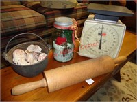 HANSON SCALE, CAST IRON KETTLE, ROLLING PIN +