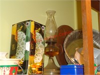 GLASS OIL LAMP, CONTENTS CABINET TOP OF STAIRS