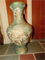Tall green oriental vase with gold design, 20"H