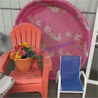 Kids pool, 2 plastic yard chairs, childs chair