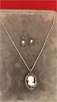 sterling cameo necklace and earrings