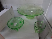 3 Pcs Of Green Depression Vaseline Glass, Inc Lg