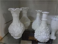 4 Pcs Milk Glass: Pair Molded Vases 10" & Vase W/