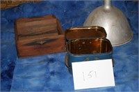 WOOD CIGAR BOX, FUNNEL, METAL CONTAINER