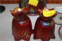 PAIR CARNIVAL GLASS CANDLE STICKS SMALL CHIP ON