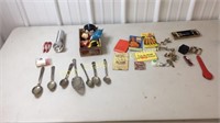 Spoons, mini candle holders, wood box with