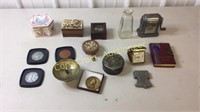 4 music boxes, coin coasters, old jar, clock,