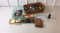 Cars, marbles, longaberger basket with misc