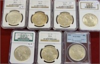 6 Assorted Peace type silver dollars