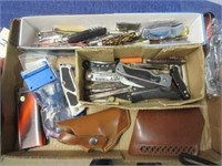 box of 30+ pocket knives -gun holster & lock