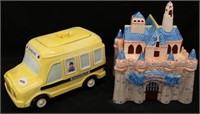 Disney Castle and School Bus Cookie Jars.