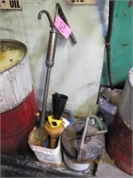 1 lot: 5 gal bucket pump, barrel pump, funnels, &